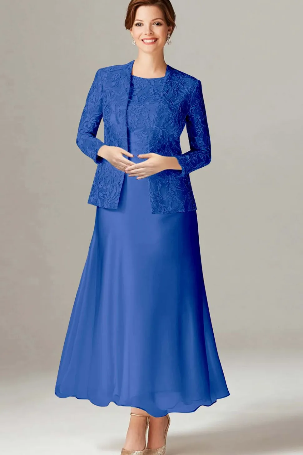 A-Line Azul Royal Chiffon 2-Piece Mãe do Vestido da Noiva