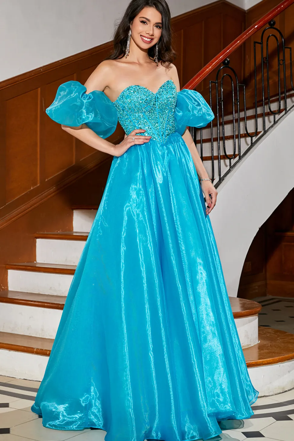 A-Line Blue Corset Prom Dress com Missangas