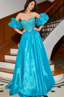 A-Line Blue Corset Prom Dress com Missangas