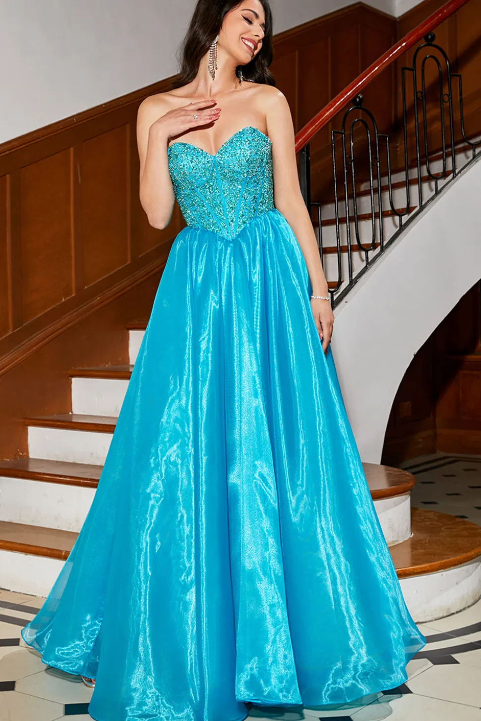 A-Line Blue Corset Prom Dress com Missangas