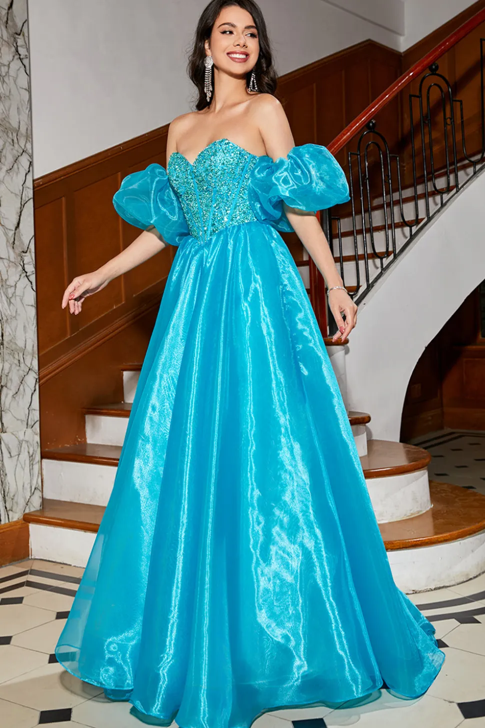 A-Line Blue Corset Prom Dress com Missangas
