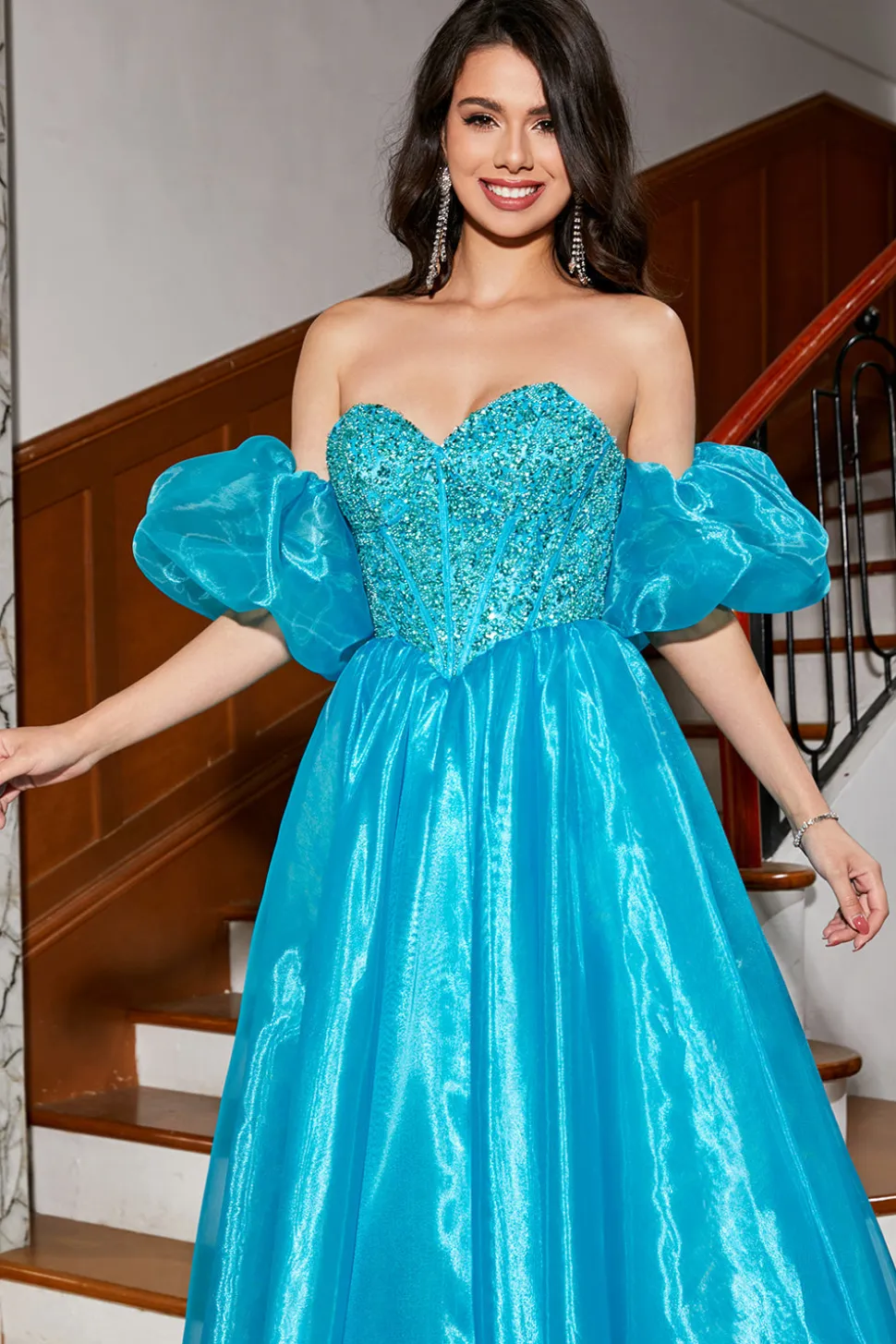 A-Line Blue Corset Prom Dress com Missangas
