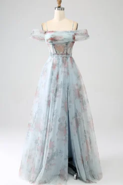 A-Line Blue Printed Cold Shoulder Long Corset Prom Dress com fenda