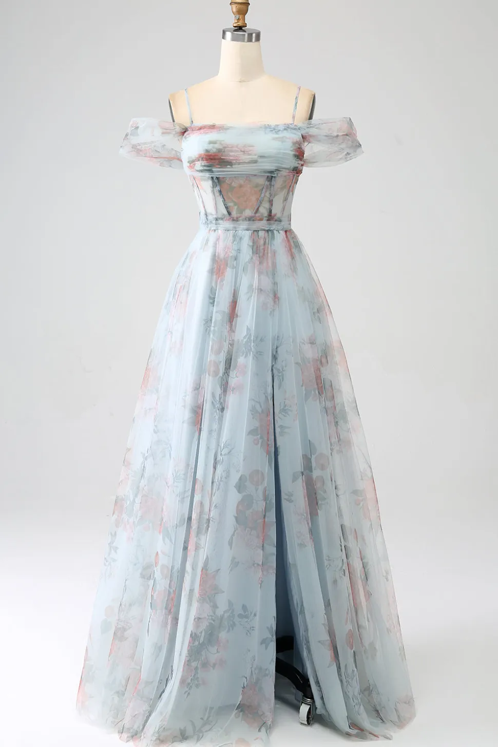 A-Line Blue Printed Cold Shoulder Long Corset Prom Dress com fenda