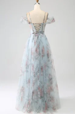 A-Line Blue Printed Cold Shoulder Long Corset Prom Dress com fenda