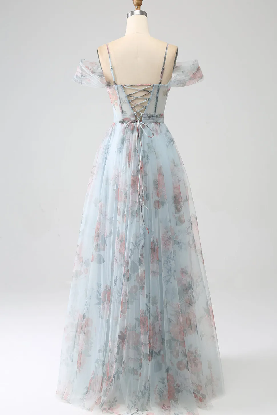 A-Line Blue Printed Cold Shoulder Long Corset Prom Dress com fenda