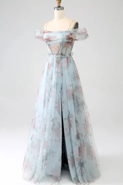 A-Line Blue Printed Cold Shoulder Long Corset Prom Dress com fenda
