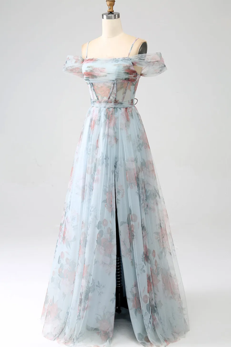 A-Line Blue Printed Cold Shoulder Long Corset Prom Dress com fenda