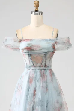 A-Line Blue Printed Cold Shoulder Long Corset Prom Dress com fenda