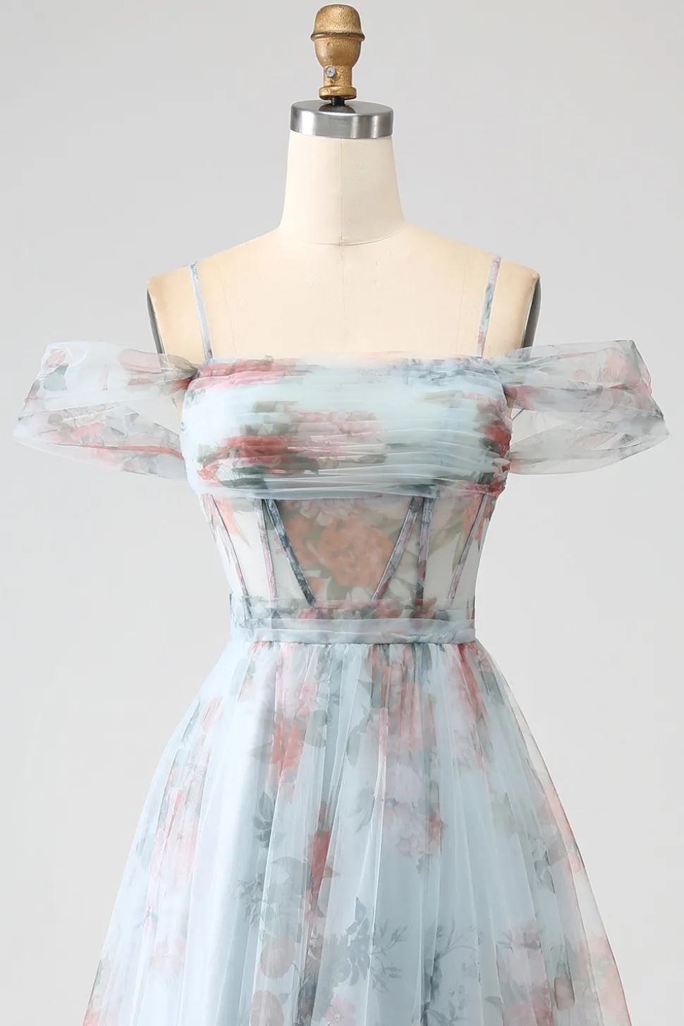 A-Line Blue Printed Cold Shoulder Long Corset Prom Dress com fenda