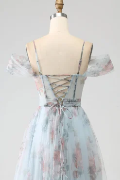 A-Line Blue Printed Cold Shoulder Long Corset Prom Dress com fenda