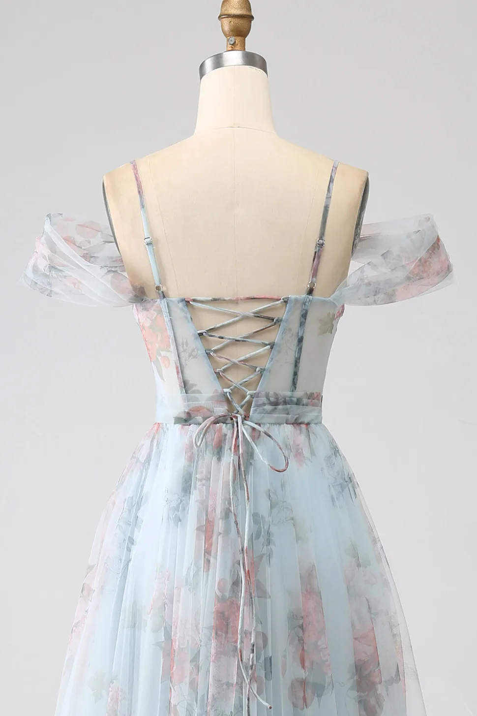 A-Line Blue Printed Cold Shoulder Long Corset Prom Dress com fenda