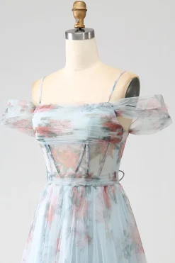 A-Line Blue Printed Cold Shoulder Long Corset Prom Dress com fenda