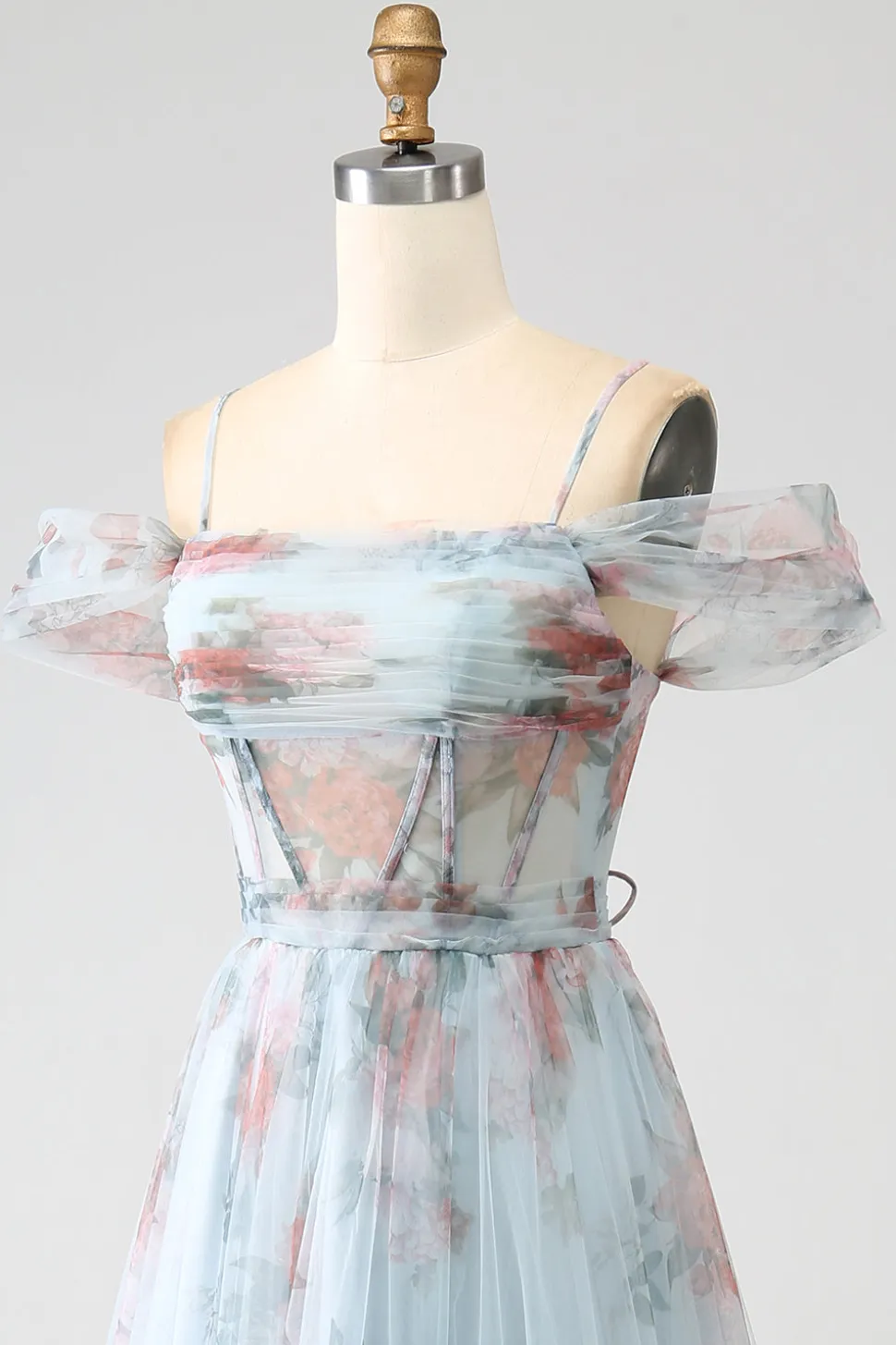 A-Line Blue Printed Cold Shoulder Long Corset Prom Dress com fenda