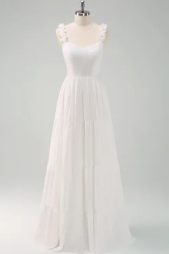 A-Line Branco Esparguete Correias Plissado Longo Vestido de Baile com Arco