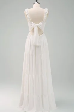 A-Line Branco Esparguete Correias Plissado Longo Vestido de Baile com Arco
