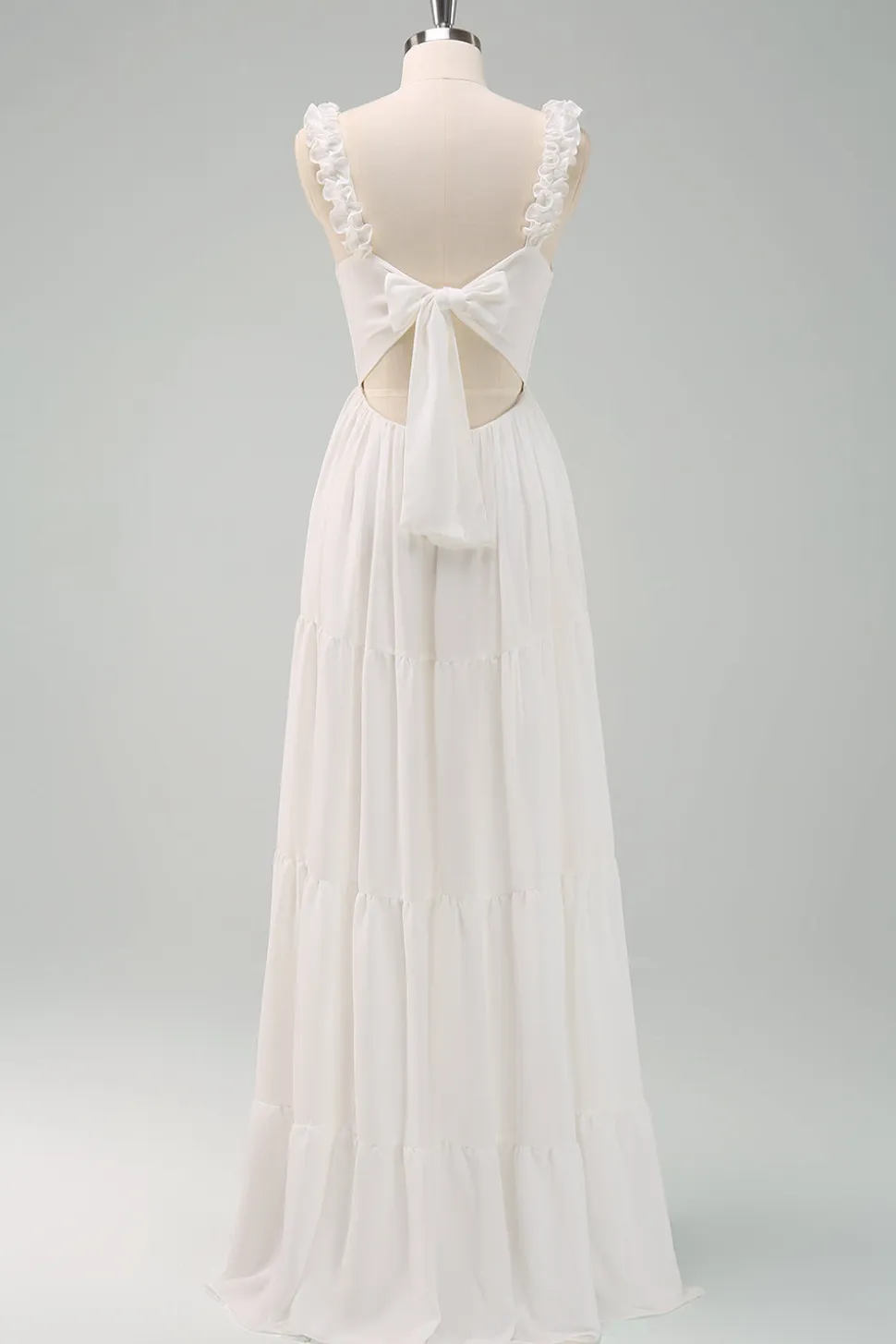 A-Line Branco Esparguete Correias Plissado Longo Vestido de Baile com Arco