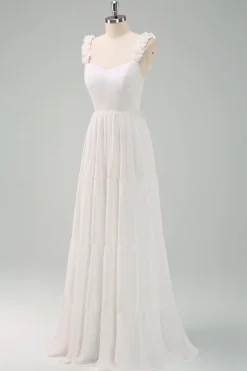 A-Line Branco Esparguete Correias Plissado Longo Vestido de Baile com Arco