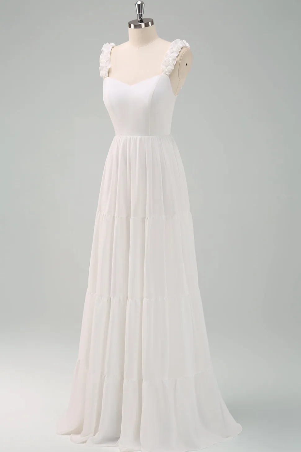 A-Line Branco Esparguete Correias Plissado Longo Vestido de Baile com Arco