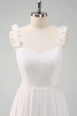 A-Line Branco Esparguete Correias Plissado Longo Vestido de Baile com Arco