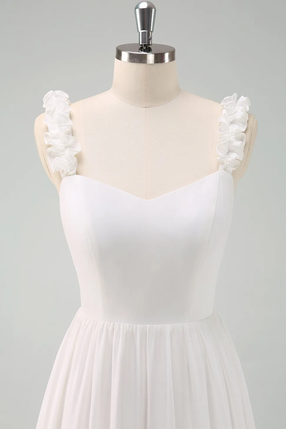 A-Line Branco Esparguete Correias Plissado Longo Vestido de Baile com Arco