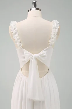 A-Line Branco Esparguete Correias Plissado Longo Vestido de Baile com Arco