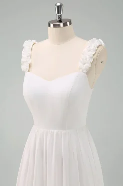 A-Line Branco Esparguete Correias Plissado Longo Vestido de Baile com Arco