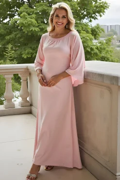 A-Line Candy Rosa Bateau Neck 3/4 manga Chiffon Long mãe do vestido da noiva