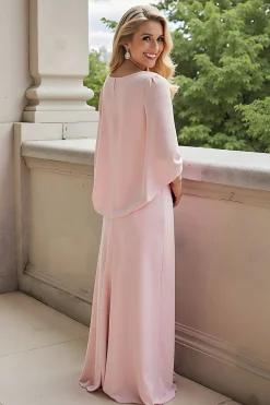 A-Line Candy Rosa Bateau Neck 3/4 manga Chiffon Long mãe do vestido da noiva
