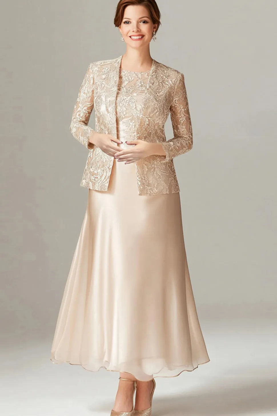 A-Line Champagne Chiffon 2-Piece Mãe do Vestido da Noiva