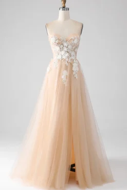 A-Line Champagne Espartilho sem alças Vestido de baile com apliques