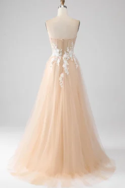 A-Line Champagne Espartilho sem alças Vestido de baile com apliques