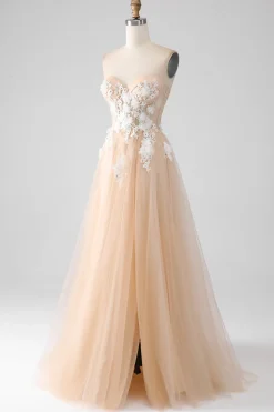 A-Line Champagne Espartilho sem alças Vestido de baile com apliques