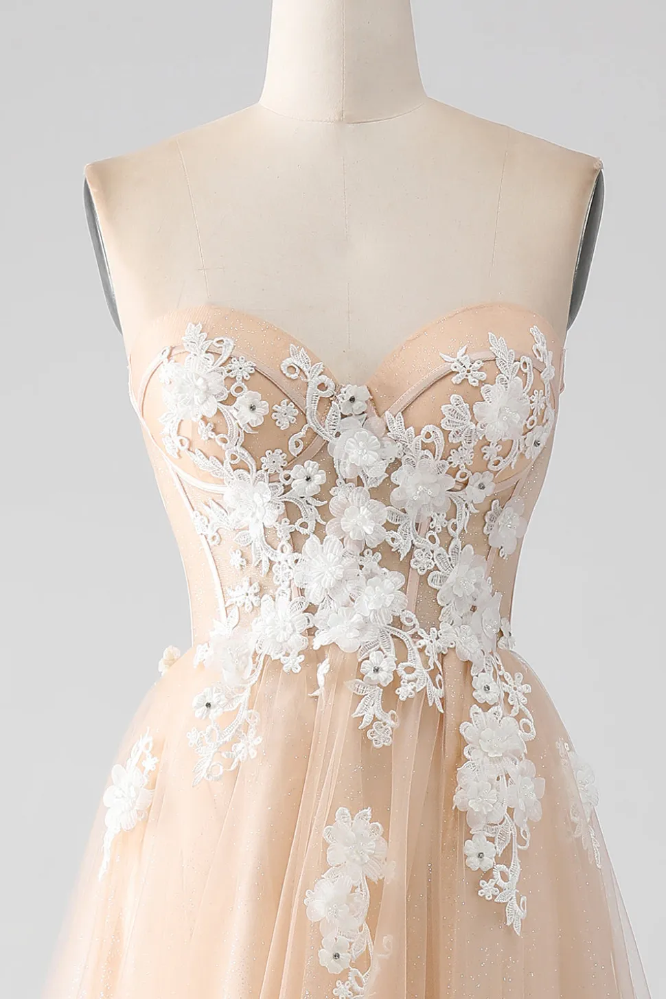 A-Line Champagne Espartilho sem alças Vestido de baile com apliques