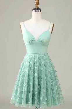 A-Line Cintas de Espaguete Vestido de Dama de Honor com Apliques