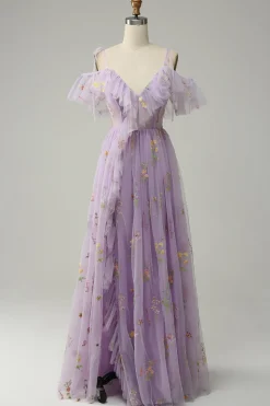 A-Line Cintas de Espaguete Lavanda Vestido de Festa