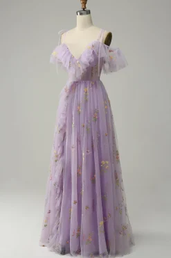 A-Line Cintas de Espaguete Lavanda Vestido de Festa