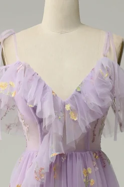 A-Line Cintas de Espaguete Lavanda Vestido de Festa