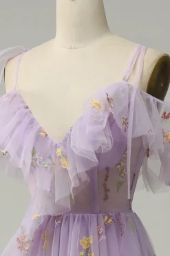 A-Line Cintas de Espaguete Lavanda Vestido de Festa