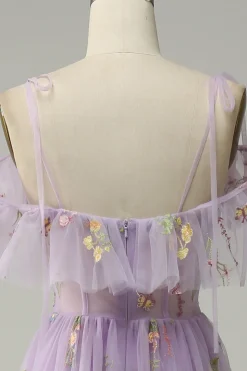 A-Line Cintas de Espaguete Lavanda Vestido de Festa