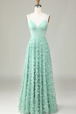 A-Line Cintas de Espaguete Sem Mangas Verde Vestido de Dama de Honor