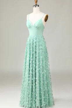 A-Line Cintas de Espaguete Sem Mangas Verde Vestido de Dama de Honor