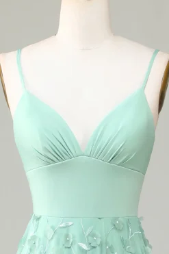 A-Line Cintas de Espaguete Sem Mangas Verde Vestido de Dama de Honor