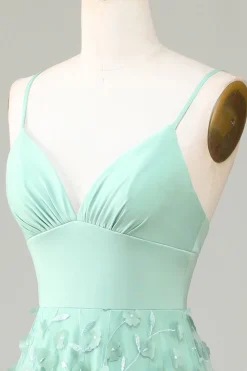 A-Line Cintas de Espaguete Sem Mangas Verde Vestido de Dama de Honor