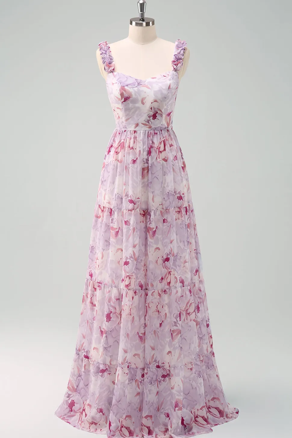 A-Line Cinza Roxo Esparguete Correias Vestido Longo Floral Madrinha