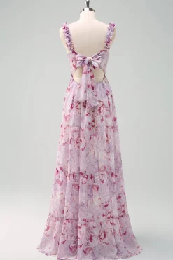 A-Line Cinza Roxo Esparguete Correias Vestido Longo Floral Madrinha