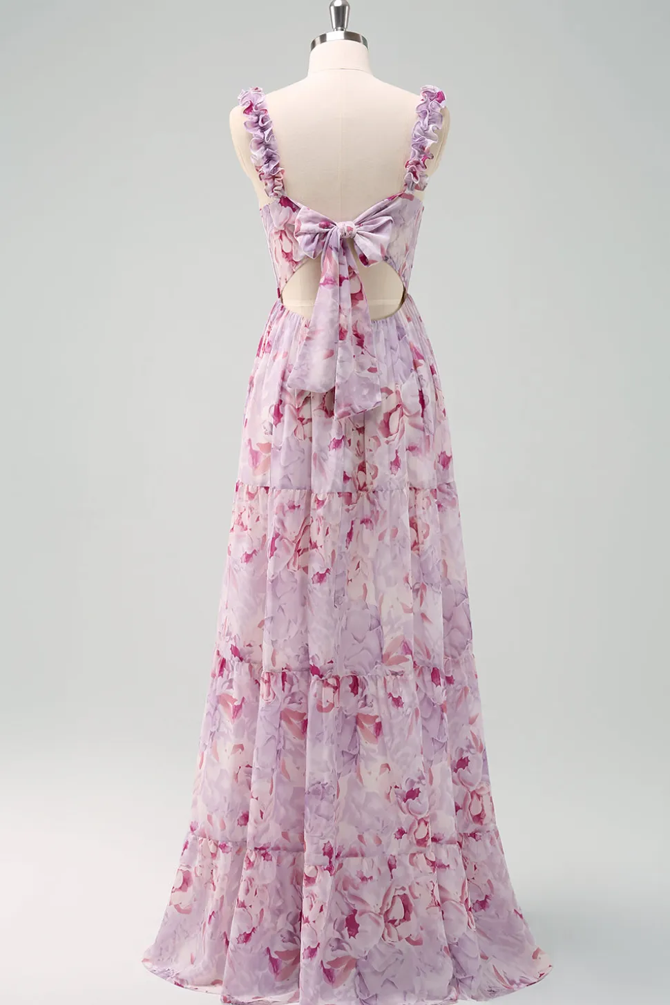 A-Line Cinza Roxo Esparguete Correias Vestido Longo Floral Madrinha