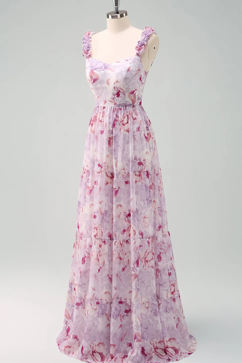 A-Line Cinza Roxo Esparguete Correias Vestido Longo Floral Madrinha