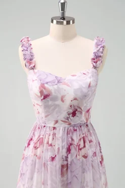 A-Line Cinza Roxo Esparguete Correias Vestido Longo Floral Madrinha