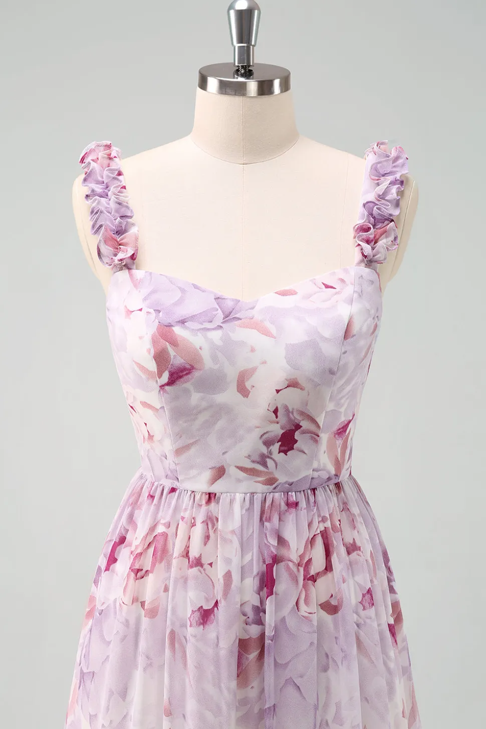 A-Line Cinza Roxo Esparguete Correias Vestido Longo Floral Madrinha